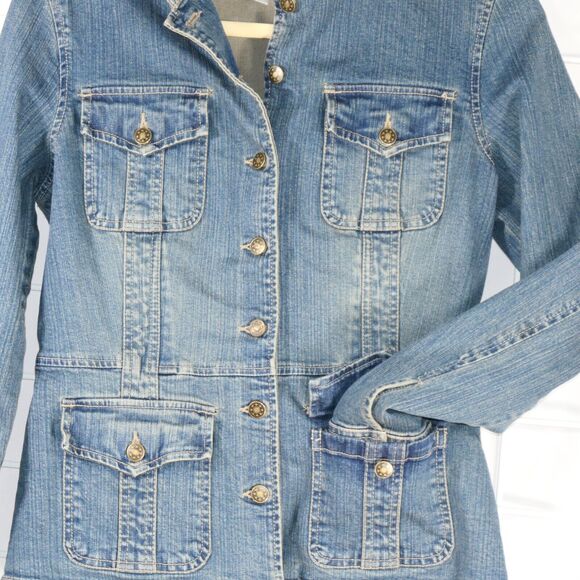 AMI Distressed Denim Trucker Jacket Women Small Blue Vintage Inspired Streetwear - Picture 2 of 6